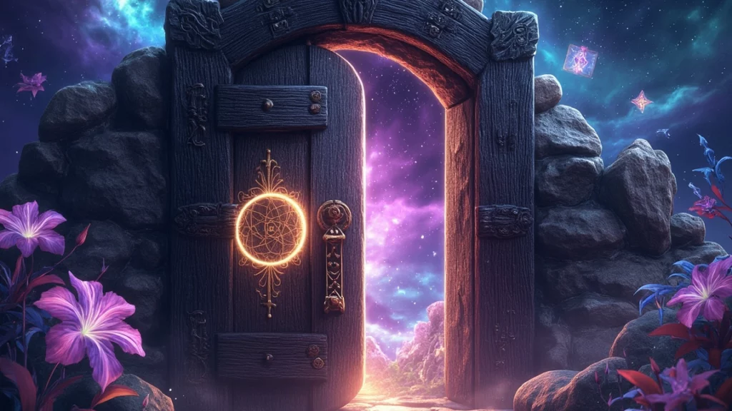 Una puerta mágica que se abre para revelar un mundo espiritual y de autoconocimiento, con un fondo de colores vibrantes y elementos simbólicos como cartas de tarot, estrellas y flores.