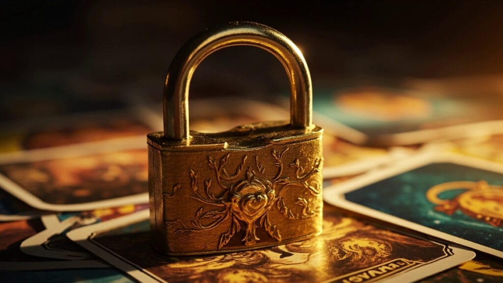 un candado dorado brillante, que se erige como símbolo de seguridad y confianza, sobre un fondo de cartas de tarot dispuestas de manera artística. Este diseño no solo representa la protección de la información sensible, sino que también enfatiza la importancia de la ética y la confidencialidad en las consultas espirituales. La imagen sugiere que, al igual que un candado protege lo valioso, un código de ética sólido resguarda la integridad de las interacciones entre consultores y clientes.