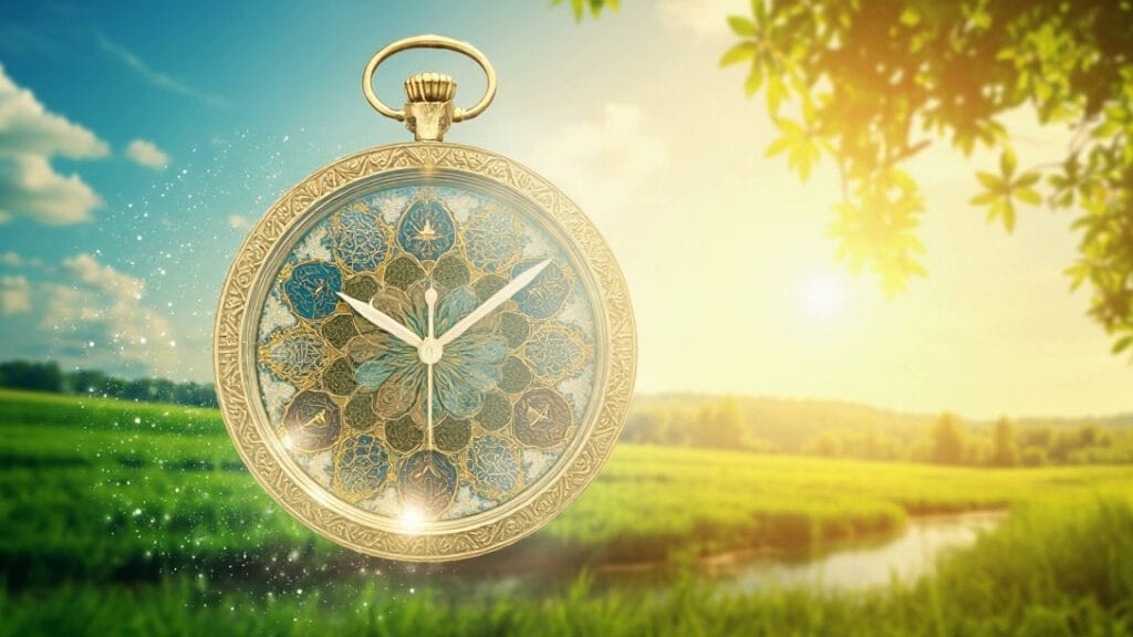 un reloj innovador, donde los números han sido reemplazados por diferentes símbolos espirituales, cada uno representando un aspecto del crecimiento personal y la conexión interior. Este reloj está rodeado de elementos que evocan libertad y flexibilidad, como un paisaje natural vibrante y sereno. Esta imagen transmite la idea de trabajar en tus propios términos, permitiendo a los profesionales equilibrar sus responsabilidades laborales con su bienestar personal y espiritual.