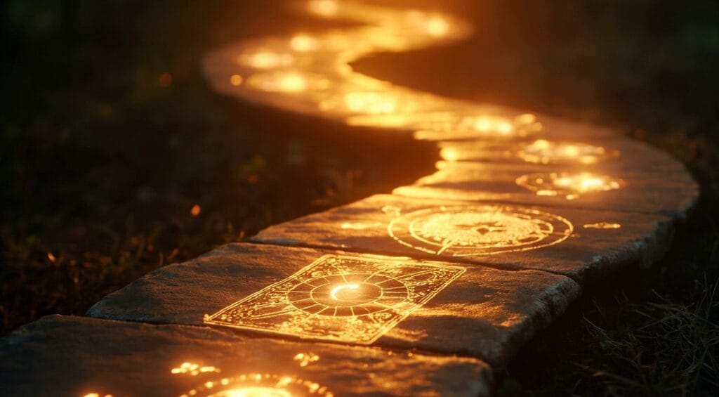un camino iluminado que se bifurca en varias direcciones, cada una adornada con un símbolo que representa diferentes especialidades en el campo espiritual, como tarot, astrología, mediumnidad y más. Este diseño simboliza las múltiples oportunidades laborales disponibles en este ámbito, invitando a los profesionales a explorar y elegir el camino que mejor se alinee con sus habilidades y pasiones. La luz que ilumina el camino representa la claridad y la guía en la búsqueda de una carrera significativa y enriquecedora.