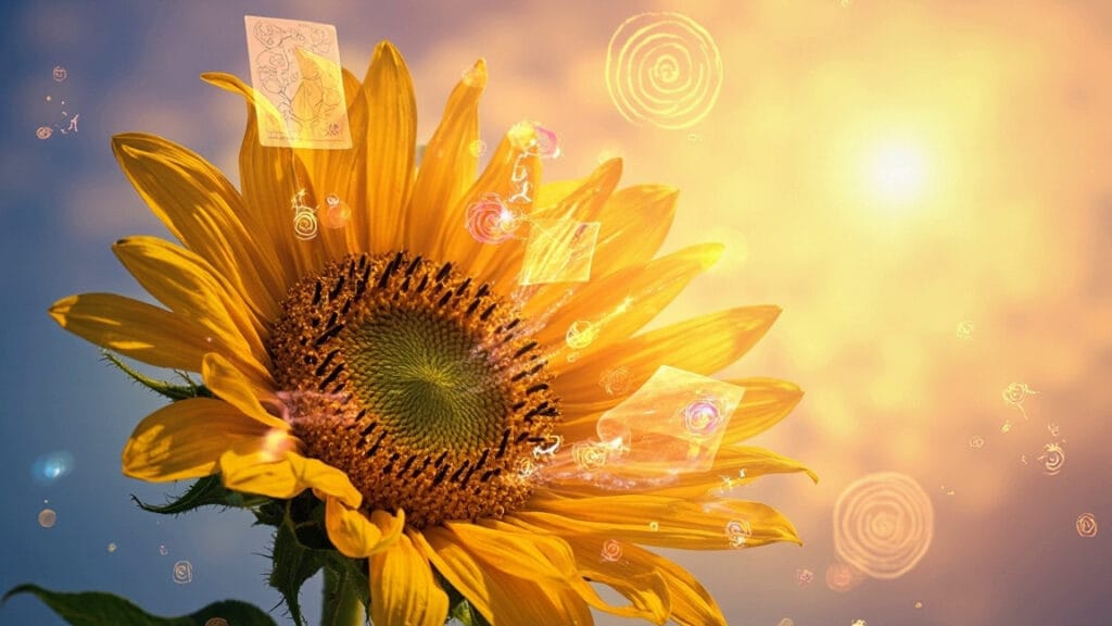 un girasol estilizado que gira en torno al sol, simbolizando la flexibilidad y adaptabilidad en el proceso de crecimiento personal. Los pétalos del girasol están adornados con iconos que representan distintos formatos de sesión, como tres cartas, chakras y oráculos. Este diseño no solo resalta la diversidad de enfoques disponibles, sino que también evoca una sensación de libertad y dinamismo, reflejando la capacidad de adaptarse a diferentes circunstancias y necesidades