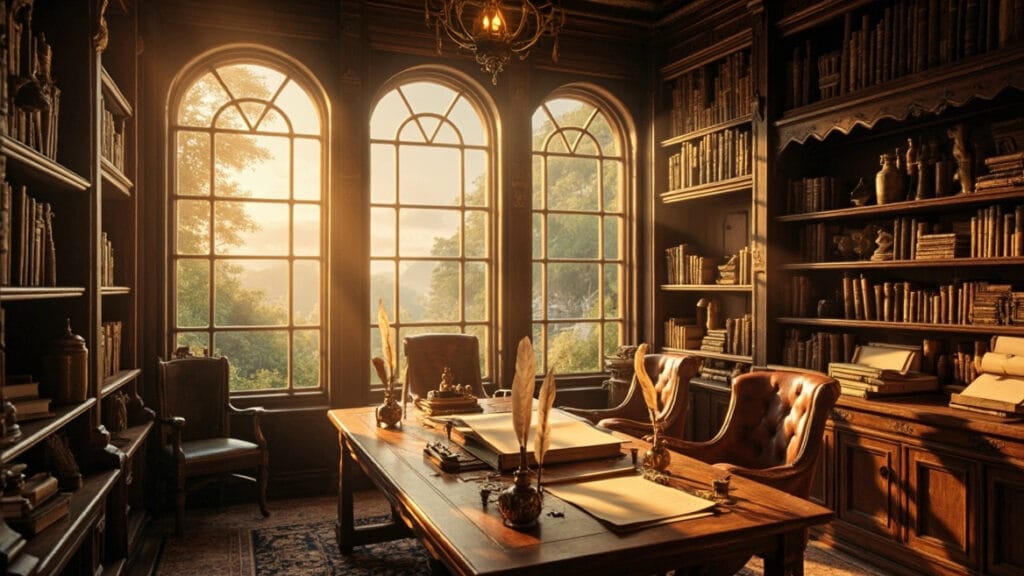 n estudio antiguo y acogedor, donde las ventanas se abren a un paisaje sereno y místico, bañado en luz y energía positiva. Este espacio no solo es un lugar físico, sino un refugio inspirador que estimula la creatividad y la productividad. El estudio está lleno de pergaminos, plumas de ganso y tinteros, creando una atmósfera impregnada de calma y motivación. Cada rincón del estudio está diseñado para fomentar el bienestar, la colaboración y la innovación, permitiendo a los profesionales conectar con su propósito y alcanzar su máximo potencial.