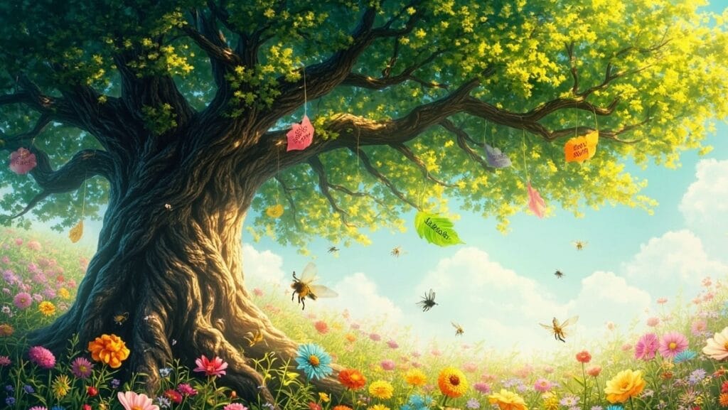 un jardín vibrante y lleno de vida, donde cada planta y flor representa una emoción o herramienta de manejo emocional. En el centro del jardín, hay un árbol majestuoso cuyas ramas se extienden hacia el cielo, simbolizando el crecimiento personal y la conexión con las emociones. Las hojas del árbol están adornadas con palabras clave como "resiliencia", "empatía" y "autoconocimiento", que se mecen suavemente con la brisa.