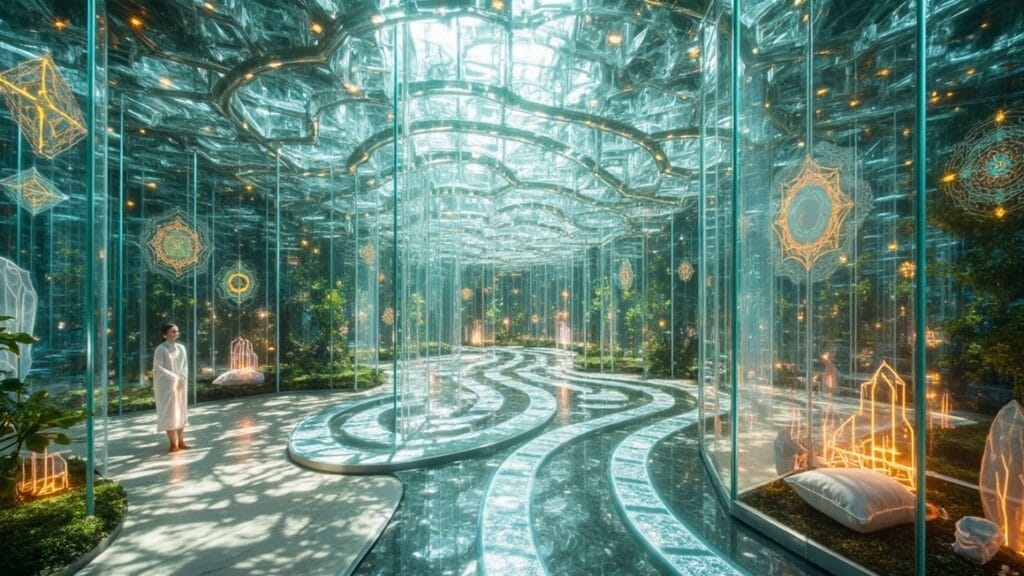 un laberinto interactivo, donde cada camino representa un enfoque único en las consultorías adaptadas. En lugar de un mapa mental, este laberinto está diseñado con paredes de cristal que reflejan luz y color, creando un ambiente envolvente y dinámico. A lo largo de los senderos, hay estaciones que representan diferentes símbolos espirituales, como cristales, mandalas y elementos de la naturaleza, cada uno ofreciendo una experiencia sensorial y de aprendizaje.
